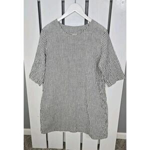 Len Ok Women’s Striped Linen Tunic Shirt Dress Black‎ White XL Lagenlook Resort